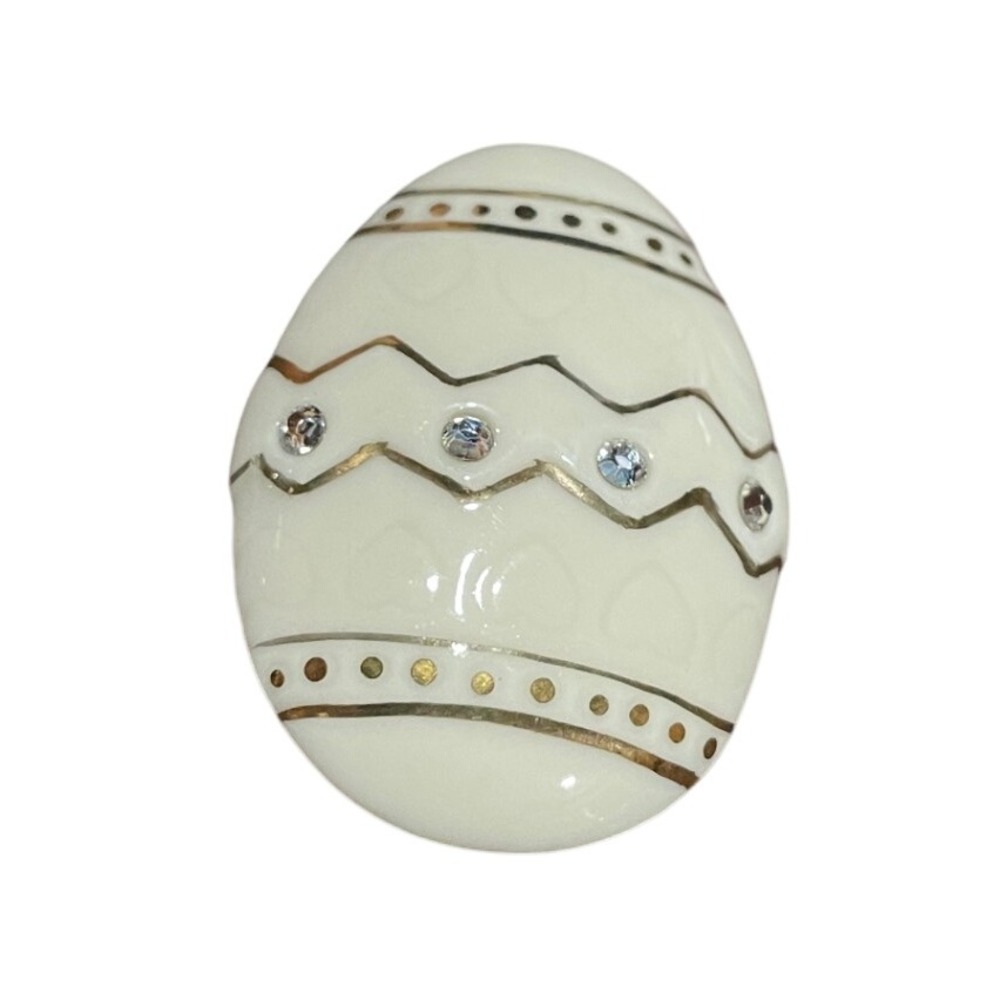 Lenox Easter Egg Pin Brooch Rhinestones Gold‎ Tone Waves Cream Porcelain